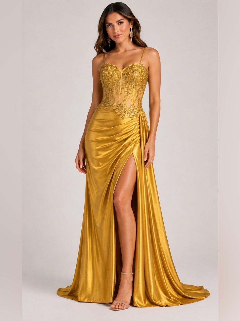 VIP Bridal Gold Embellished Corset Prom Formal Gown Slit Size 0 NWT